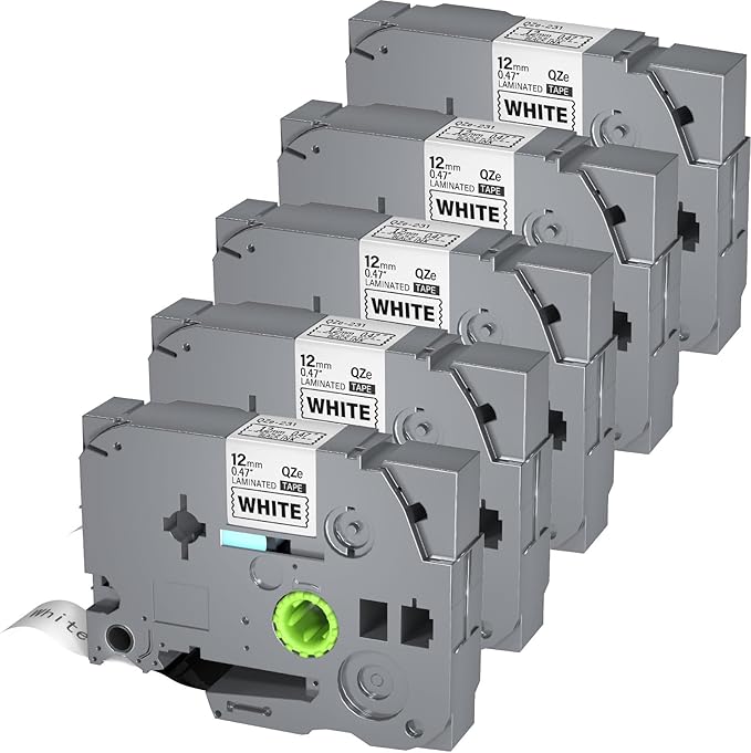 5Pack TZe-231 Tape Label Maker Compatible with Brother P-Touch TZe-231 Tape, TZE231 ½” 0.47”x 26.2 ft Laminated Black on White, for use with PT-D210, PT-H110, PT-D220, PT-D410, PT-D600