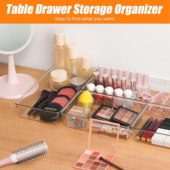 12 Pack Clear Plastic Drawer Organizer Set, Acrylic Non Slip Non Cracking Kitchen Drawer Storage Tray Large Size Divider, Multifunctional Storage for Cosmetics, Bathroom, Tools, Kitchen and Office-DeskLoop Office