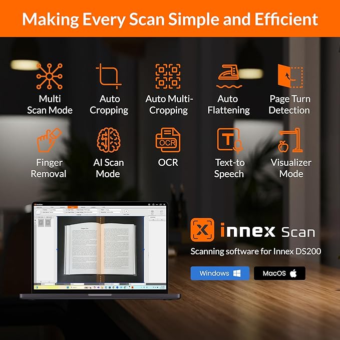 Innex DS200 Professional USB Book Scanner, 26MP, A3 Document scan, 120+ Language OCR, Auto-Flatten & Deskew, Finger Removal, Built-in Mic and LED lamp, Hand Button & Foot Pedal, for Windows/MacOS-DeskLoop Office
