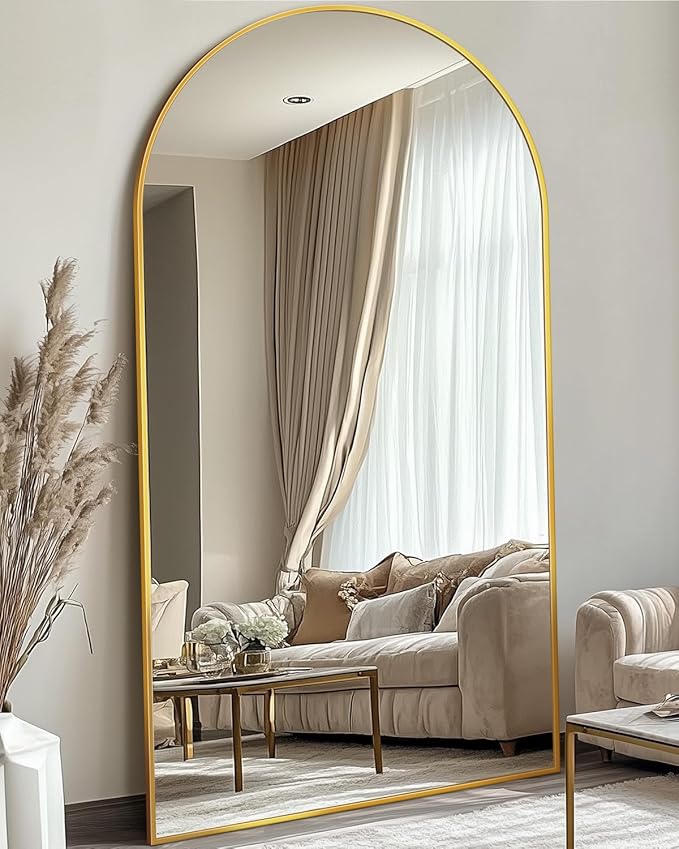 Full Length Mirror, 81"x41" Oversized Floor Mirror Freestanding, Full Body Floor Standing Mirror with Stand, Hanging Mounted for Bedroom Living Room, Gold, Arched Style-DeskLoop Office