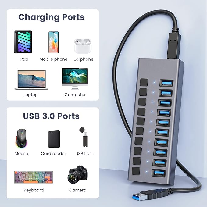 48W Powered USB Hub - ACASIS 10 Ports USB 3.0 Data Hub, Individual On/Off Switches, 12V/4A Power Adapter, Aluminum Housing, USB Splitter for PC, Computer, Mobile HDD, Flash Drive-DeskLoop Office