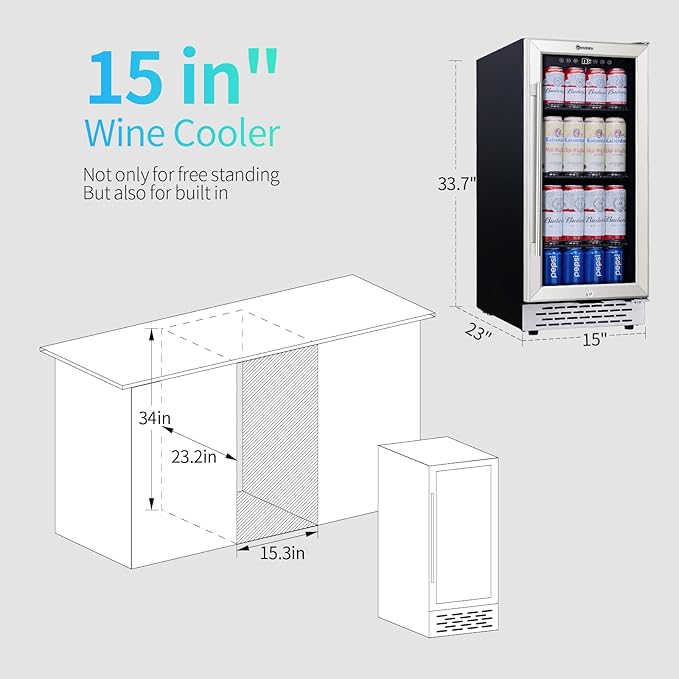 15 Inch Beverage Refrigerator Under Counter, 130 Cans Beverage Fridge with Tempered Glass Door & Lock, 37-65°F Beverage Cooler For Home/Bar, Built-in/Freestanding Mini Drink Cooler(3.53 cu.ft)-DeskLoop Office
