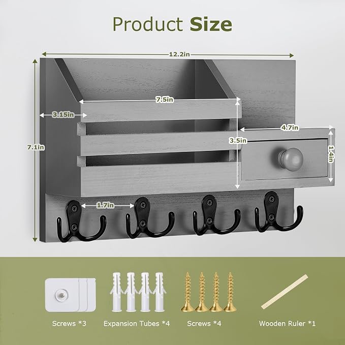 Key Holder Wall Mount, Wooden Adhesive Mail and Key Organizer - Image 5