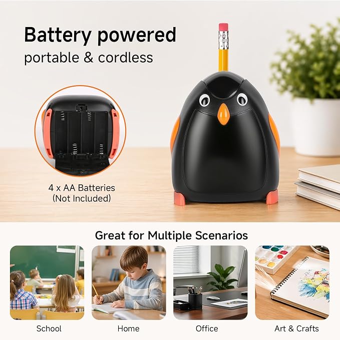Penguin Battery Operated Pencil Sharpener, Animal-Inspired Desktop Stationery - Image 2