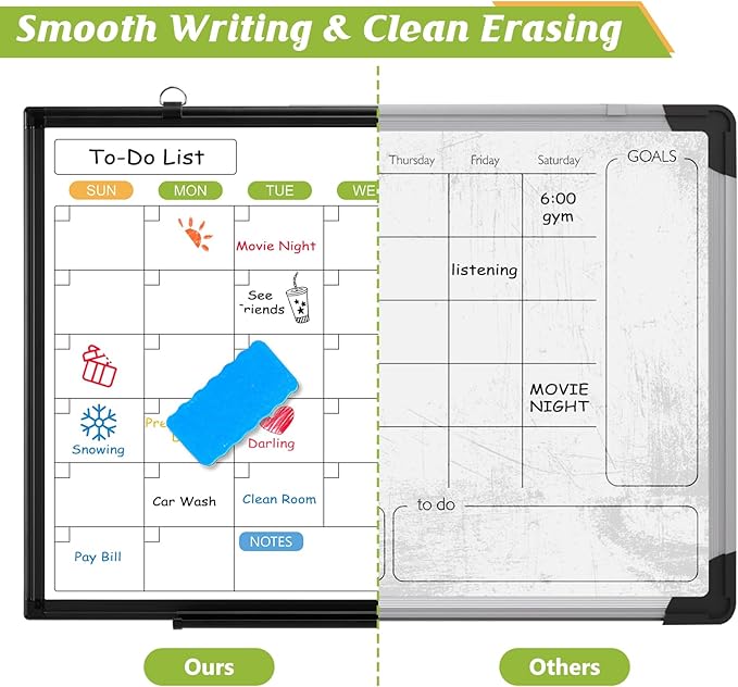 Dry Erase Calendar Whiteboard for Wall, 24" x 18" Magnetic Monthly White Board Calendar with Black Aluminum Frame, Double-Sided Hanging Dry Erase Board for Office, Home, School-DeskLoop Office