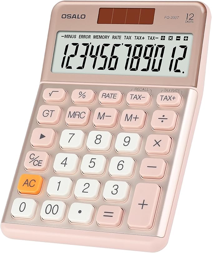 Pendancy Office Small Calculator Desktop with Tax+/- for Tax Calculation, 12 Digit Large LCD Display, Solar Battery Power, Durable Portable Design, Financial Accounting Business Home Use(OS-200T-Pink)-DeskLoop Office