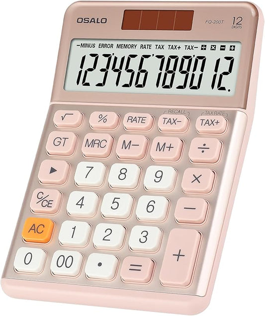 Pendancy Office Small Calculator Desktop with Tax+/- for Tax Calculation, 12 Digit Large LCD Display, Solar Battery Power, Durable Portable Design, Financial Accounting Business Home Use(OS-200T-Pink)-DeskLoop Office