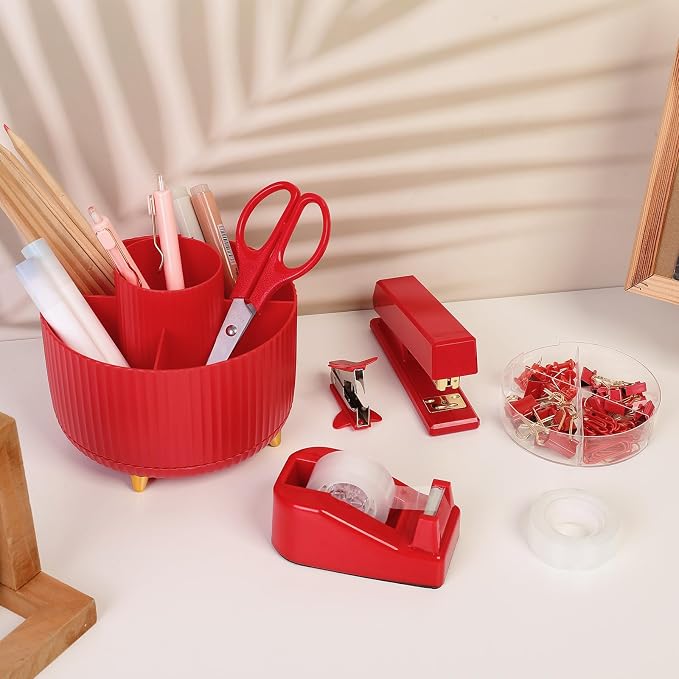 SKYDUE Red Office Supplies Set, Desk Accessories, Tape Dispenser, Binder/Paper - Image 9
