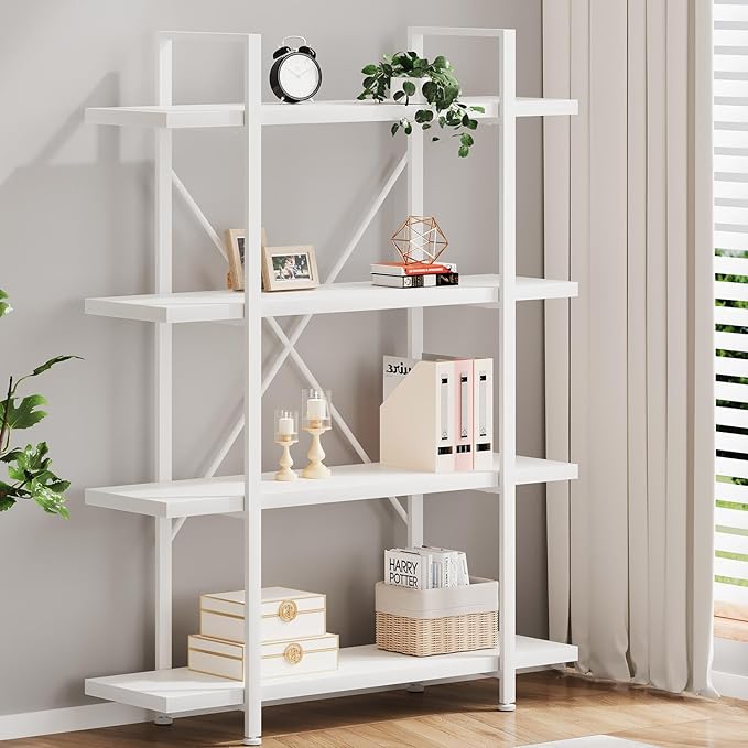 HSH 4 Tier White Bookshelf, Modern 4 Shelf Etagere Bookcase, Industrial Wood and Metal Storage Shelves and Display Book Rack, Farmhouse Open Wide Book Shelf for Bedroom Living Room Office, White Oak-DeskLoop Office