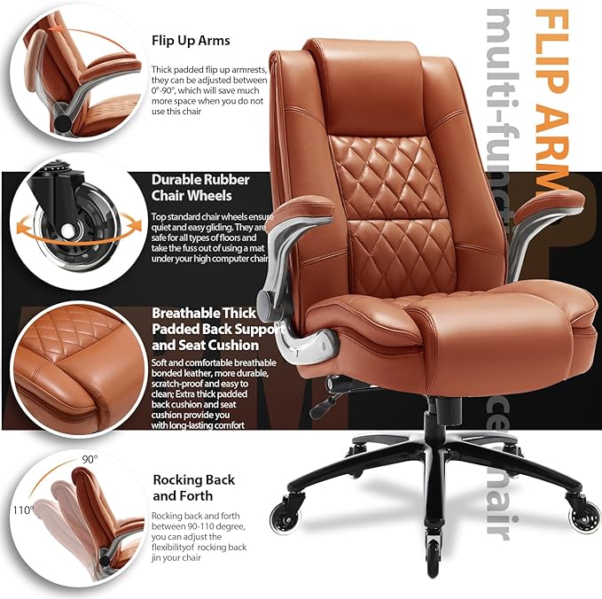 EZAKI High Back Office Chair-Flip-up Arms Executive Computer Desk Chair, Built-in Lumbar Support Thick Padded Adjustable Rock Tension Ergonomic Design for Back Pain-DeskLoop Office