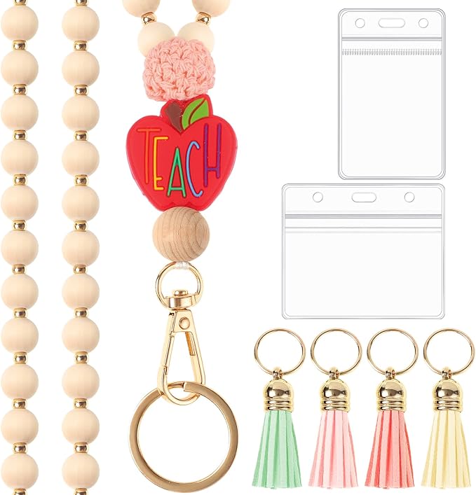Teacher Lanyard with ID Holder Cute Wooden Beaded Lanyards by BESARME
