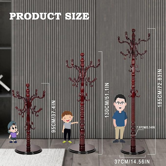 Coat Racks Free Standing with 14 Hooks, Natural Wood Coat Rack with Solid Round Base, Adjustable Height Coat Racks, Easy Assembly for Hallway, Bedroom and Office (Reddish brown)-DeskLoop Office