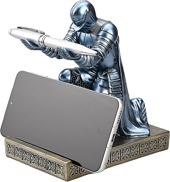 Windbreaker Soldier Knight Pen Holder Personalized Desk Accessory, Mobile Phone & Gaming Controller Holder, Device Stand Gift for Medieval Enthusiasts (Blue)-DeskLoop Office