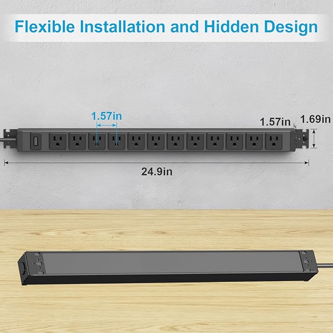 HHSOET 360° Rotating 12 Outlet Mountable Power Strip, Metal Gaming Table Mounted Outlet Strip, Heavy Duty Wall Mount Surge Protector with Switch, Works Great and Very Versatile, 6ft Power Cord.Black-DeskLoop Office