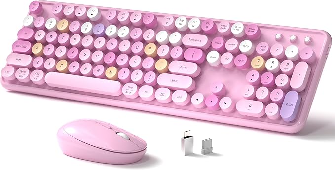 Wireless Keyboard and Mouse, Full-Size Retro Typewriter Keyboard with Round Keycaps, 2.4GHz for Windows, Mac, Laptop, PC, Desktop (Pink Colorful)-DeskLoop Office
