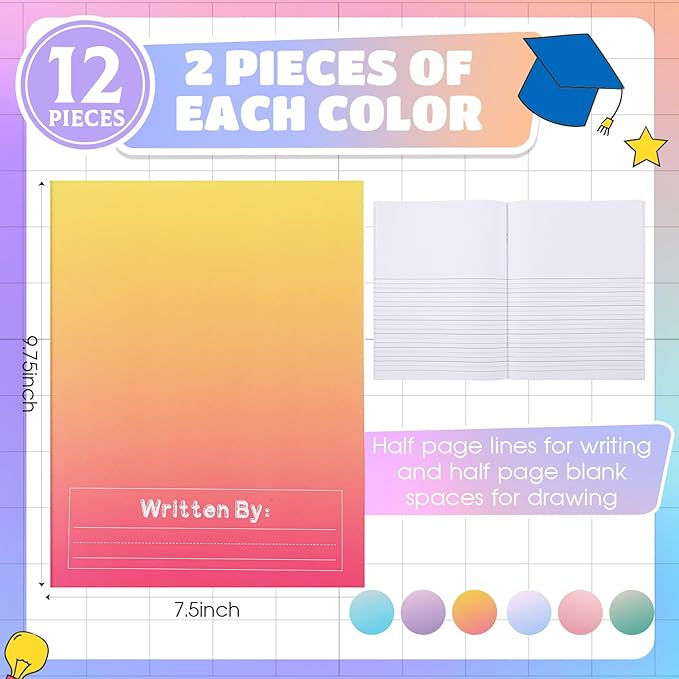 Henoyso 12 Pcs Primary Composition Notebook K-2 9 3/4 x 7 1/2 Inch Primary Journal, Back to School Supplies, Bulk Blank Writing Book for Kid to Write Draw Journal 60 Page Notebooks (Color Gradient)-DeskLoop Office