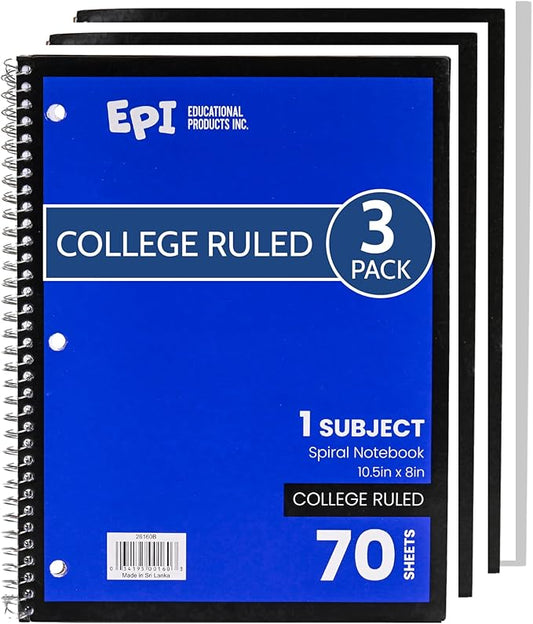 EPI Spiral Notebook | 1 Subject - College Ruled - 70 Sheets, Durable Spiral Binding | 10.5 x 8 in | Classroom Supplies | School, Office, Note Taking, Journaling - 3 Pack