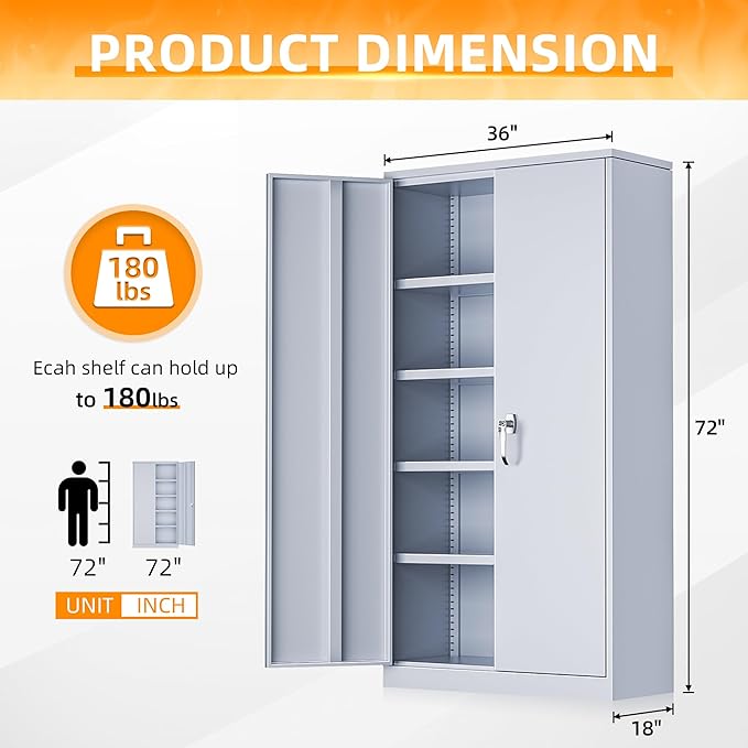INTERGREAT Tall Metal Storage Cabinet Locking Steel with 4 Adjustable Shelves,72" Lockable Cabinets Lock 2 Doors for Office Garage Supply Home (Cement Gray)-DeskLoop Office