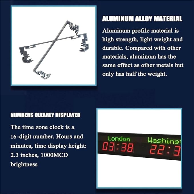 Digital World Time Zones Clock for 6 Cities, Adjustable Brightness LED Display - Image 4