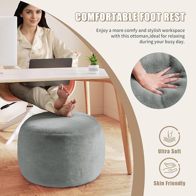 Round Stuffed Pouf Ottoman Foot Rest, Faux Fur Poufs - Image 5