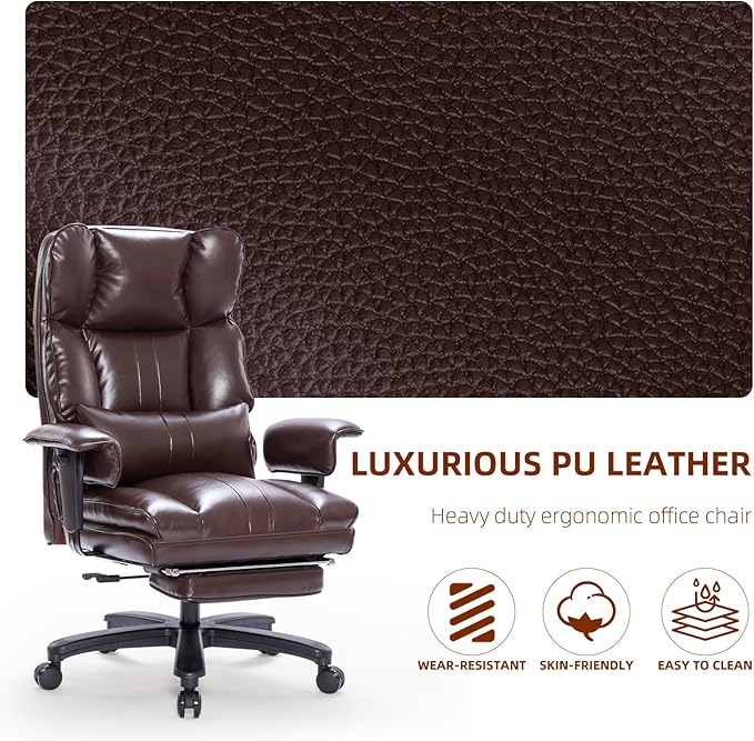 Big and Tall Office Chair 500lbs Wide Seat Executive Office Desk Chair High-Back Office Task Chair with Foot Rest, Ergonomic Lumbar Support Computer Office Chairs for Heavy People(Brown)-DeskLoop Office