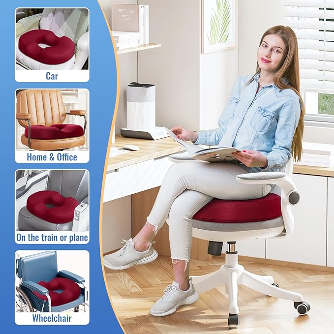 CloudBliss Donut Pillow Seat Cushion Chair Pad for Tailbone Pain Relief and Hemorrhoids, Memory Foam Seat Chair Cushion for Men and Women for Home & Office, (Red)-DeskLoop Office