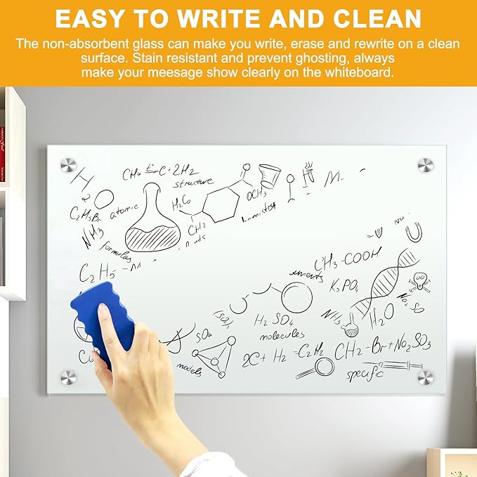 H-Qprobd Glass Whiteboard 36"x24" Magnetic Dry Erase White Board for Wall, Includes 12 Magnets, 8 Markers and 2 Erasers-DeskLoop Office