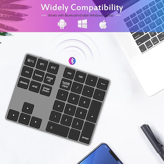 Foloda Bluetooth Number Pad for Laptop, Wireless 10 Keys USB Number Keypad, Rechargeable Numeric Keypad Numpad Extensions Data Entry Keyboard for PC iMac MacBook Notebook-DeskLoop Office