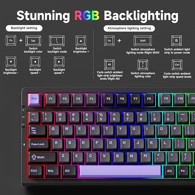G98 PRO Wireless Mechanical Keyboard, Tri-Mode Connection Gaming Keyboard, Hot Swappable Custom Gasket Structure, Pre-lubed Linear Switches, Double Shot PBT Keycaps RGB LED Backlit Purple&Black-DeskLoop Office