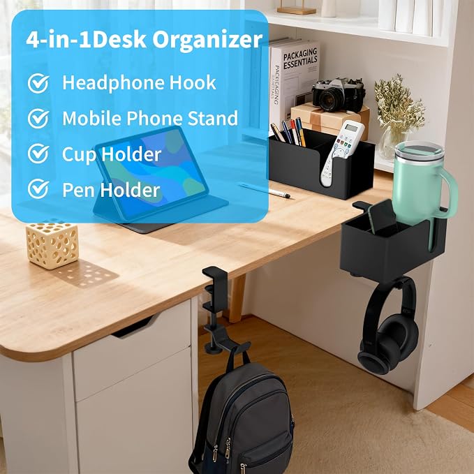 OOKUU 4-in-1 Desk Organizer- Large Desk Cup Holder Clamp - Image 3
