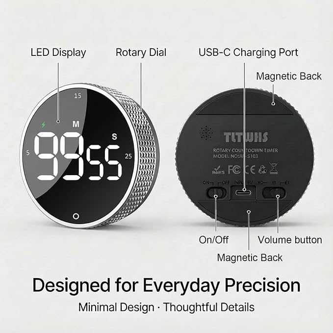 Rechargeable Magnetic Kitchen Timer, LED Countdown/Up Timer, Supports USB-C - Image 8