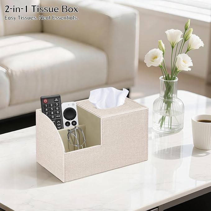 Square Tissue Box Cover with Storage, PU Leather Cube Tissue Box Holder - Image 2