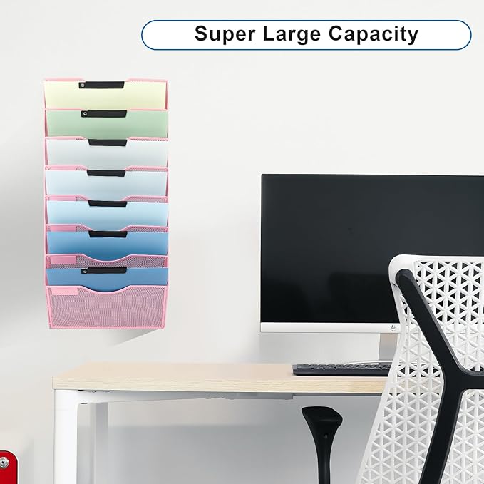 EASEPRES 8 Pocket Mesh Hanging Wall File Organizer, Wall Mounted Mail Paper Document Folder Holder, Clipboard Storage Organization Magazine Rack with Nametag Label for Office Home School, Pink-DeskLoop Office