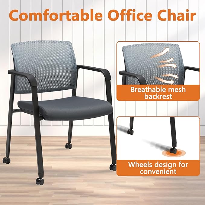 CLATINA Mesh Back Stacking Arm Chairs with Upholstered Fabric Seat and Ergonomic Lumbar Support for Office School Church Guest Reception (WithWheels Gray- 2 Pack)-DeskLoop Office