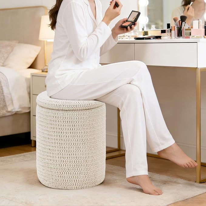 Wimarsbon Pouf Ottoman, 100% Cotton Knitted Boho Footstool, Round Footrest - Image 2
