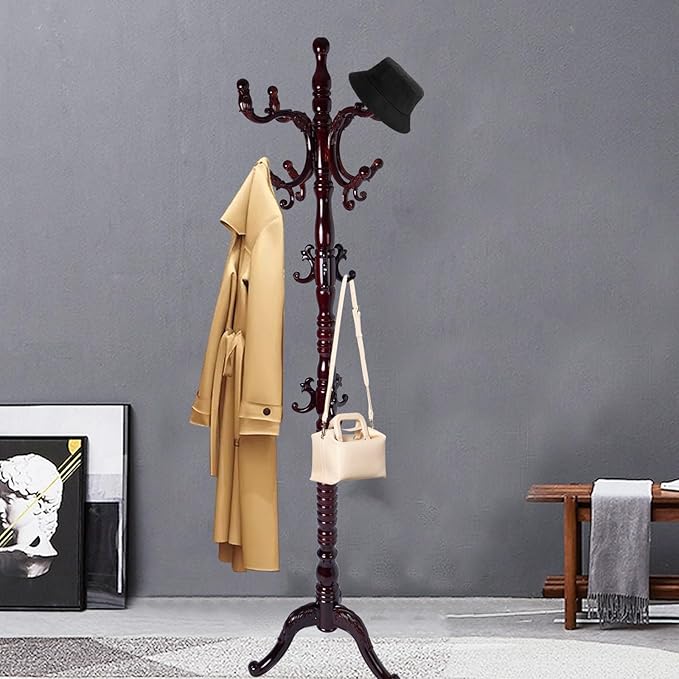 Coat Racks FreeStanding with 14 Hooks, Natural Wood Coat Rack with Solid Round Base, Adjustable Height Coat Racks, Easy Assembly for Hallway, Bedroom and Office (Reddish brown-Tri-Legged Base)-DeskLoop Office