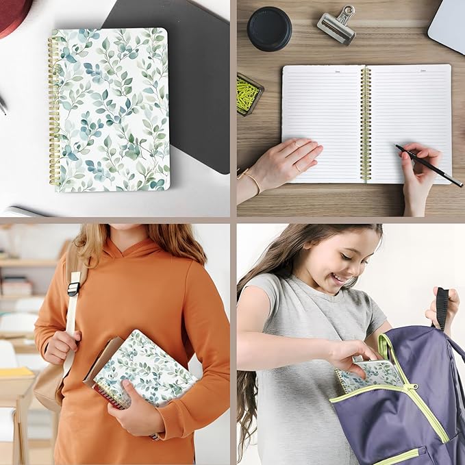 Cute Spiral Notebook journal B5 Aesthetic Pretty Design for Women Girls Kawaii with Pocket, 10 x 7.2 inch, Lined, Spring Leaves-DeskLoop Office