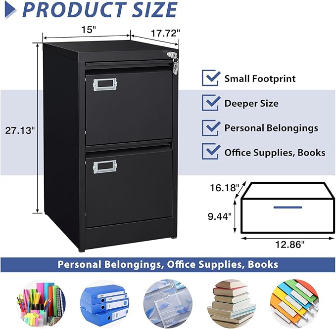 2 Drawer File Cabinet, Filing Cabinets for Home Office, Metal Vertical File Storage Cabinet with Lock, Locking File Cabinet for A4 Legal/Letter, 15.1" W x 17.7" D x 28.7" H, Assembly Required-DeskLoop Office
