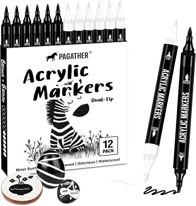 Pagather Black and White Acrylic Paint Markers, 12 Pack Dual Tip by Pagather