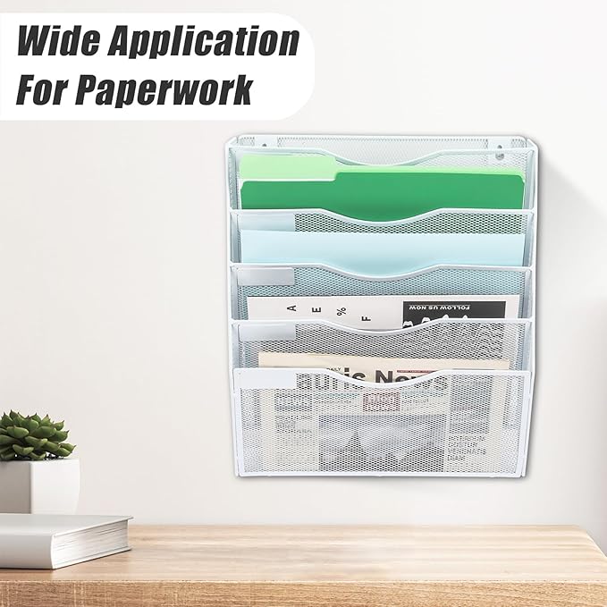 EASEPRES 5 Pocket Mesh Hanging Wall File Organizer, Wall Mounted Mail Paper Document Folder Holder, Clipboard Storage Organization Magazine Rack with Nametag Label for Office Home School, White-DeskLoop Office