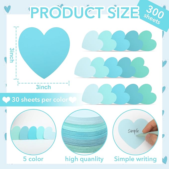 300 Pcs Blue Index Cards Heart Shape Note Cards Flat Blank Index Cards 3x3 - Image 2