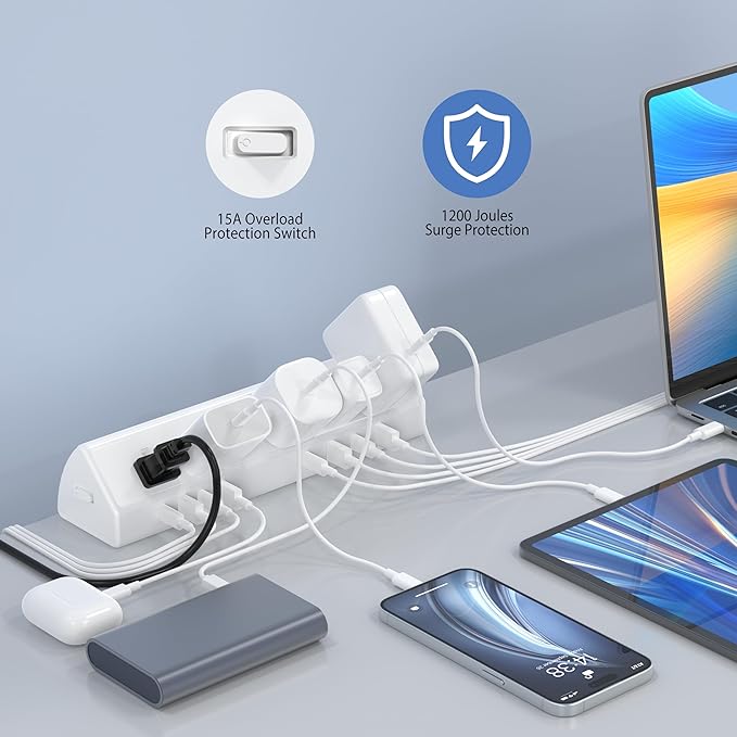 Jgstkcity Desk Clamp Power Strip,45W Fast Charging Station,4 USB-C,4 USB-A,Desk Mount Surge Protector,1875W Extension Cord with Multiple Outlets,ETL Listed,for Home Office Dorm Room,White,6 FT-DeskLoop Office