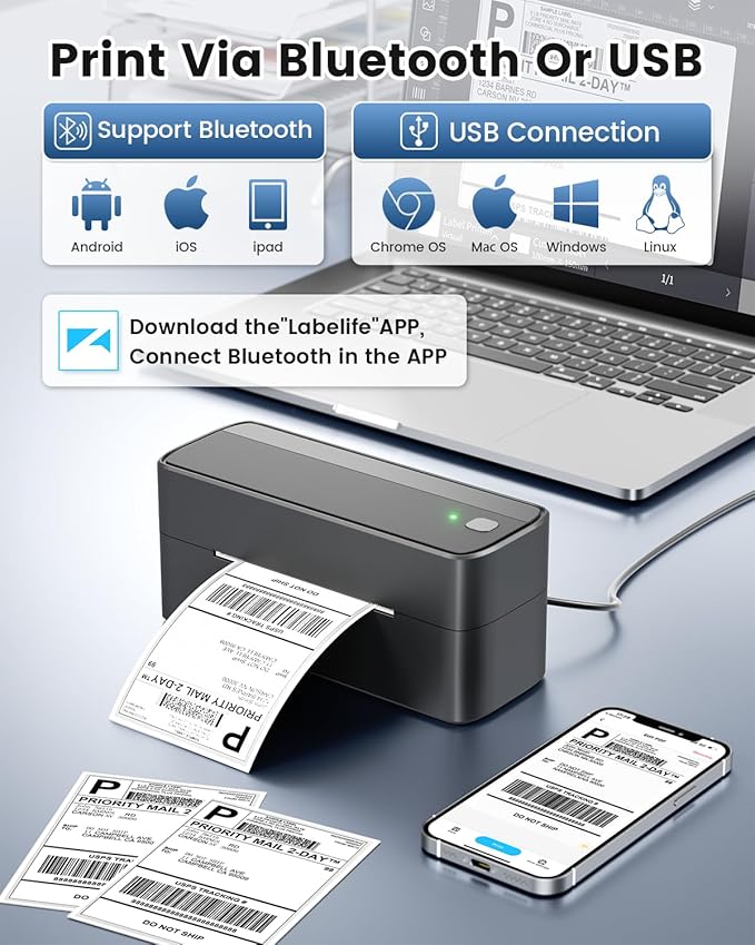 Phomemo Bluetooth Shipping Label Printer, 241BT 4X6 Wireless Thermal Printer for Samll Business, Label Printers for Shipping Package, Compatible with iPhone, Android, Amazon, Shopify, UPSP, Gray-DeskLoop Office