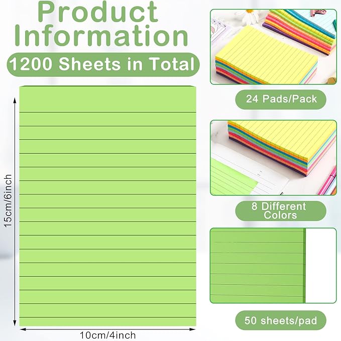 24 Pack Lined Sticky Notes 4 x 6 Inch Colorful Sticky Note Pads with Lines Bright Ruled Self Sticky Notes Memo Pad for Office Home Supplies, 50 Sheets per Pad, 1200 Sheets, 8 Colors-DeskLoop Office