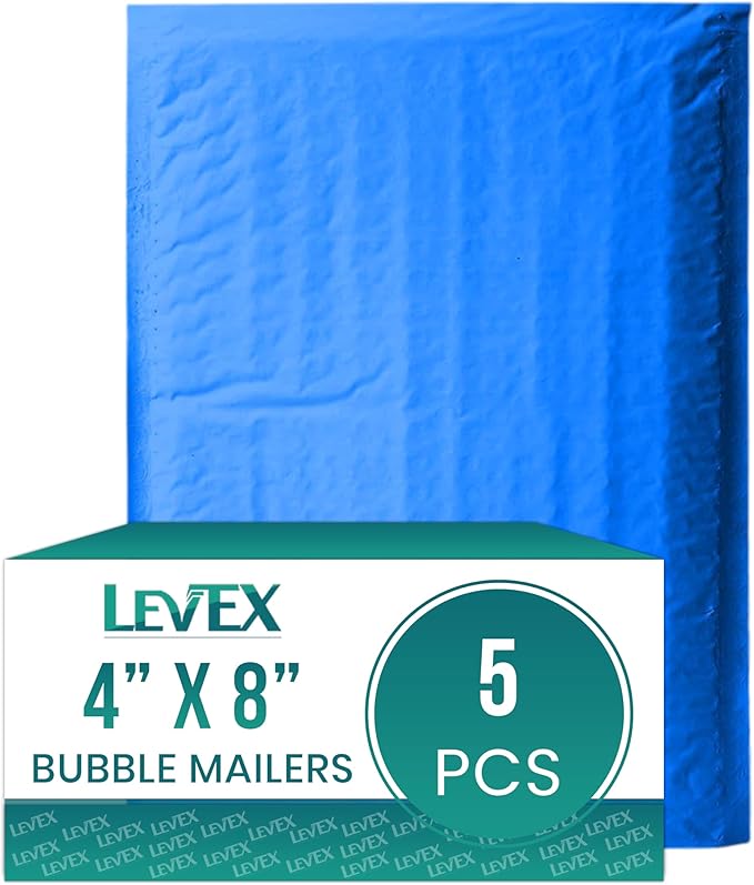 Levex - #000 4" x 8" [5 Pack] Blue Poly Bubble Mailers, Padded Envelope Mailers, Packing Envelope & Mailing Bags for Shipping-DeskLoop Office
