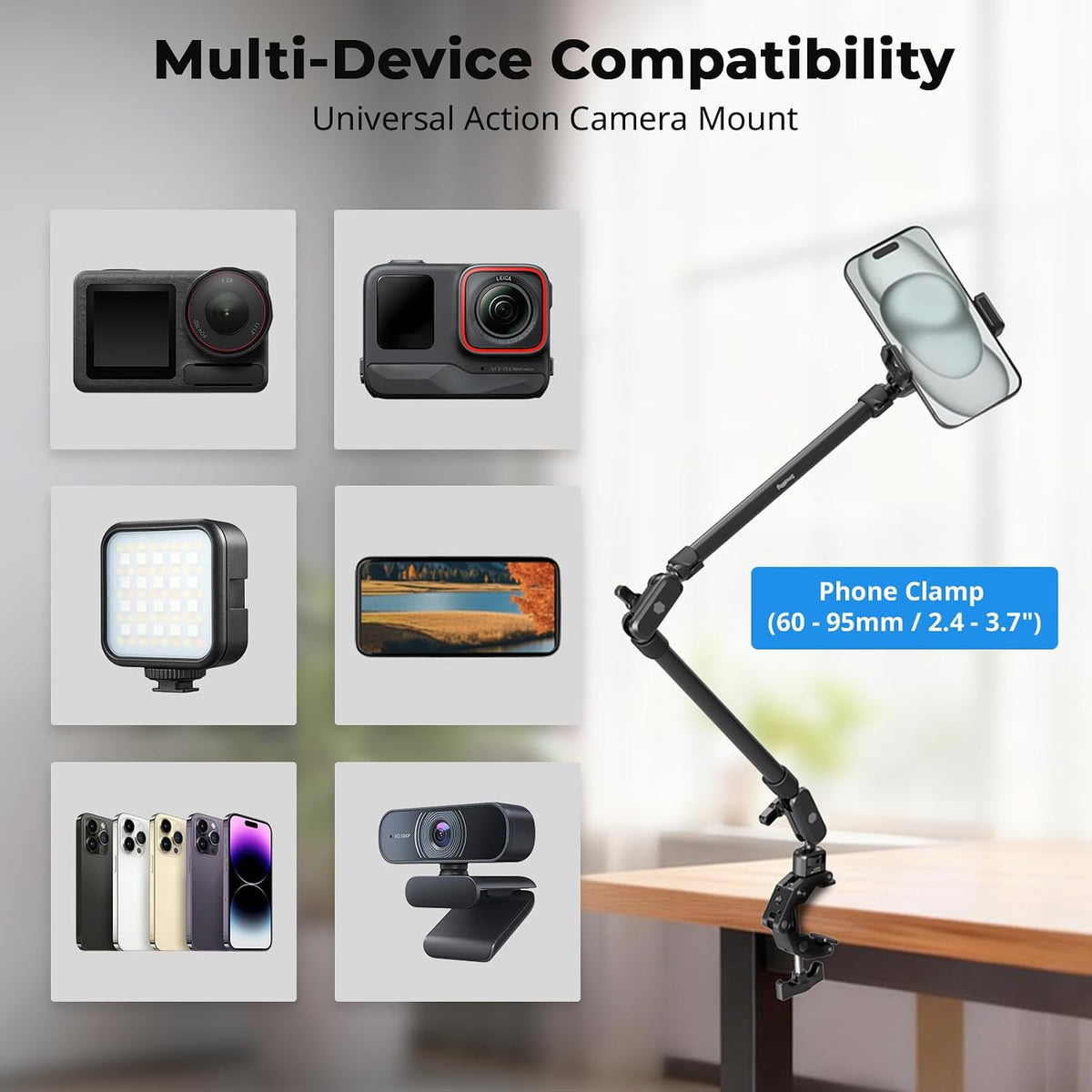 SmallRig 22.4" Magic Arm with Super Clamp, Flexible Overhead Camera & Phone Mount, 1/4" Screw, Cable Clip, Max Load 2.2 lbs, Black – 5625