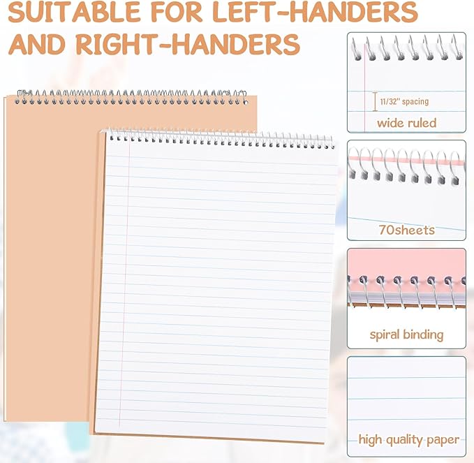 Maitys 6 Pack 8.5 x 11'' Top Bound Office Steno Book Wide Ruled Double Sided Spiral Steno Books Reliable White Paper 70 Sheets/Pad Pastel Colors Covers for Writing Notes College(Cute Color)-DeskLoop Office