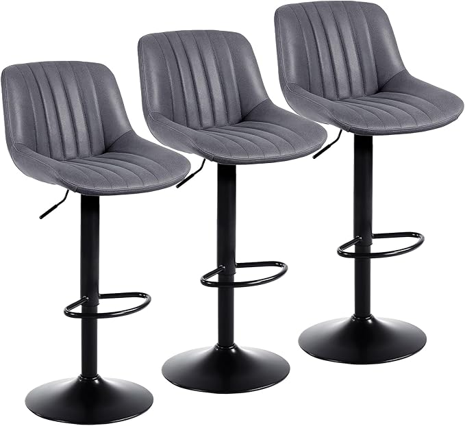 Bar Stools Set of 3, Swivel Counter Height Barstools with Back, Adjustable PU Leather Bar Chairs, Modern Armless Kitchen Island Stool, Dark Grey-DeskLoop Office