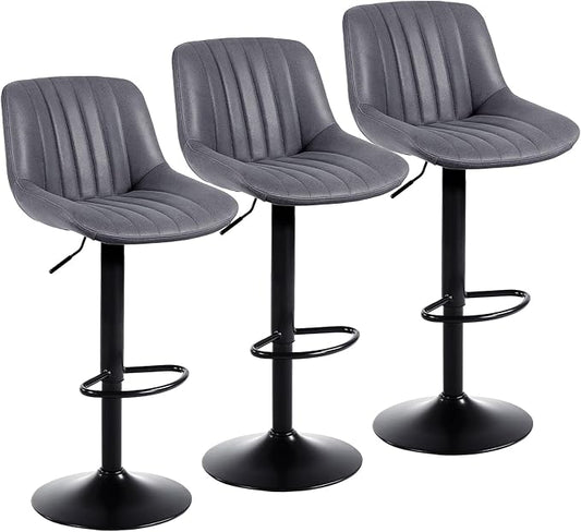 Bar Stools Set of 3, Swivel Counter Height Barstools with Back, Adjustable PU Leather Bar Chairs, Modern Armless Kitchen Island Stool, Dark Grey-DeskLoop Office