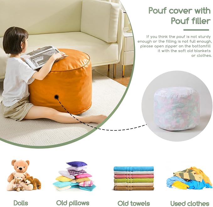 HIGOGOGO Round Stuffed Pouf Ottoman, Pu Leather Poufs - Image 3
